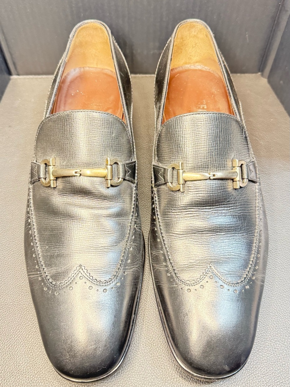 Salvatore Ferragamo Black Leather Bit Loafers with Brogue Accents